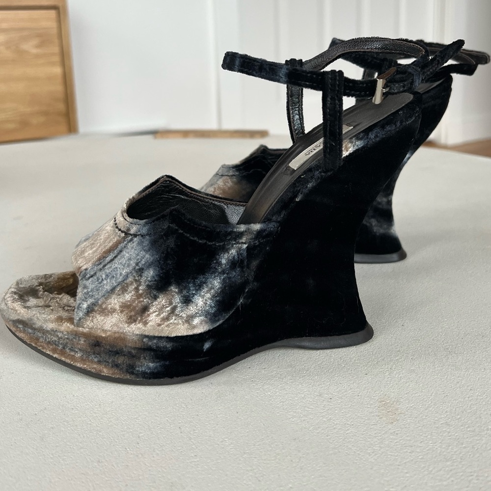 Prada Navy Gold Velvet Wedge Platform Sandal Size 6